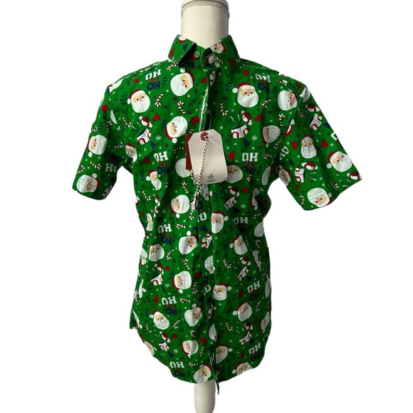 RUGBY UNIVERSITY men’s ugly Christmas button up dress shirt Santa pattern NWT - Picture 1 of 7